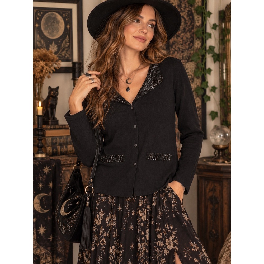 M. Nicole Evening Black Beaded Ribbed Knit Cardigan Whimsigoth Goth Top Large